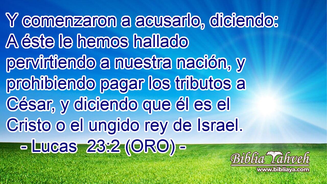  Y comenzaron a acusarlo, diciendo: A éste le hemos hallado pervirtiendo a nuestra nación, y prohibiendo pagar los tributos a César, y diciendo que él es el Cristo o el ungido rey de Israel. 