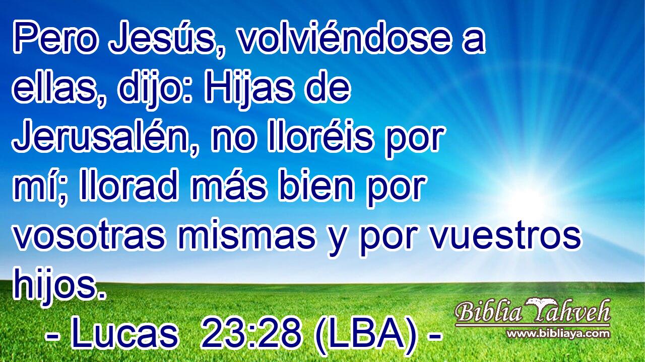 Pero Jesús, volviéndose a ellas, dijo: Hijas de Jerusalén, no lloréis por mí; llorad más bien por vosotras mismas y por vuestros hijos.
