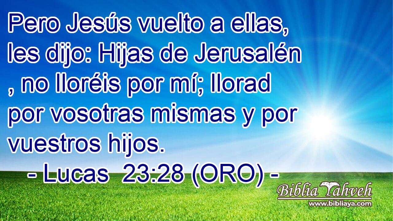  Pero Jesús vuelto a ellas, les dijo: Hijas de Jerusalén , no lloréis por mí; llorad por vosotras mismas y por vuestros hijos. 