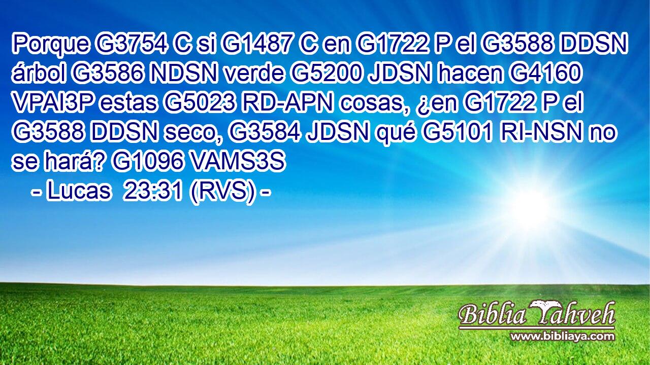 Porque G3754 C si G1487 C en G1722 P el G3588 DDSN árbol G3586 NDSN verde G5200 JDSN hacen G4160 VPAI3P estas G5023 RD-APN cosas, ¿en G1722 P el G3588 DDSN seco, G3584 JDSN qué G5101 RI-NSN no se hará? G1096 VAMS3S 