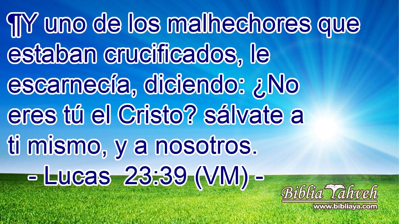  ¶Y uno de los malhechores que estaban crucificados, le escarnecía, diciendo: ¿No eres tú el Cristo? sálvate a ti mismo, y a nosotros. 