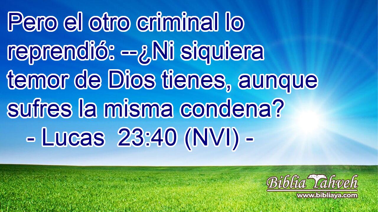  Pero el otro criminal lo reprendió: --¿Ni siquiera temor de Dios tienes, aunque sufres la misma condena? 