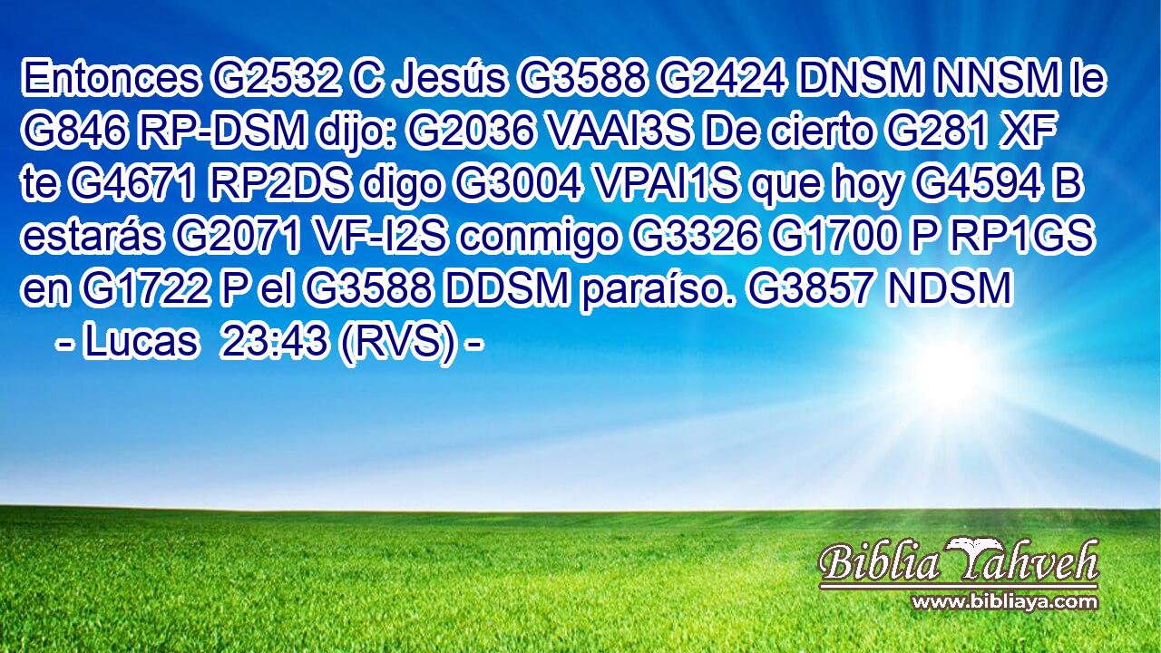 Entonces G2532 C Jesús G3588 G2424 DNSM NNSM le G846 RP-DSM dijo: G2036 VAAI3S De cierto G281 XF te G4671 RP2DS digo G3004 VPAI1S que hoy G4594 B estarás G2071 VF-I2S conmigo G3326 G1700 P RP1GS en G1722 P el G3588 DDSM paraíso. G3857 NDSM 