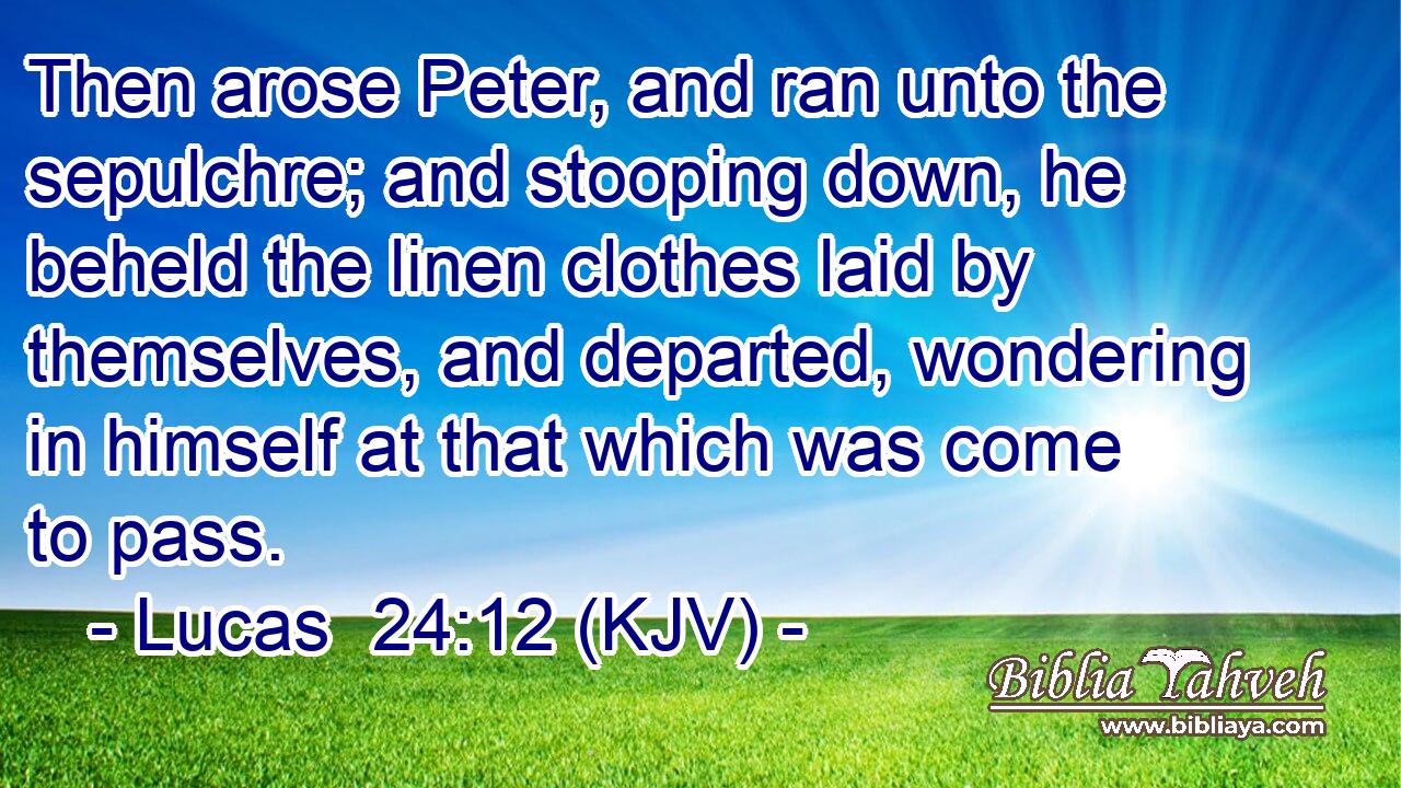 Then arose Peter, and ran unto the sepulchre; and stooping down, he beheld the linen clothes laid by themselves, and departed, wondering in himself at that which was come to pass.