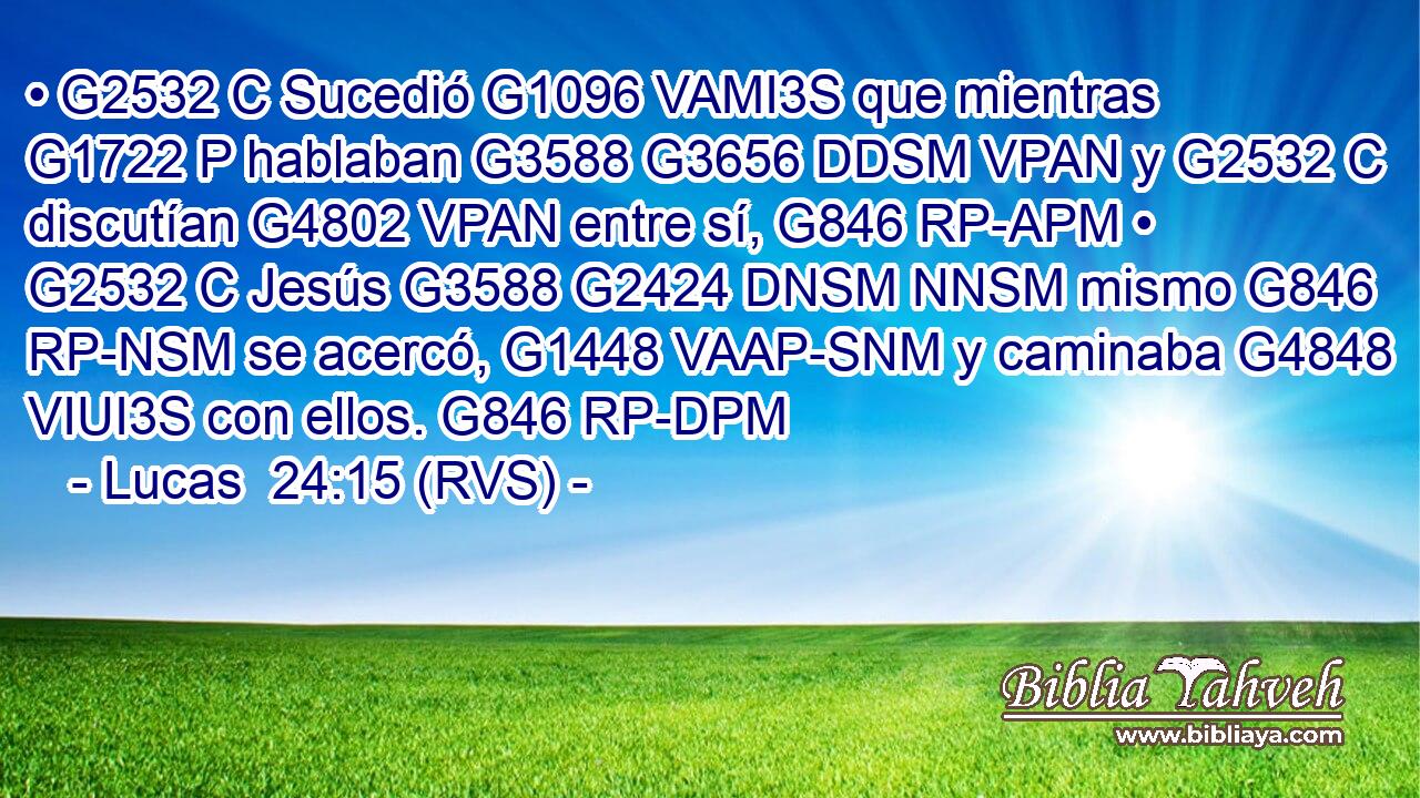 • G2532 C Sucedió G1096 VAMI3S que mientras G1722 P hablaban G3588 G3656 DDSM VPAN y G2532 C discutían G4802 VPAN entre sí, G846 RP-APM • G2532 C Jesús G3588 G2424 DNSM NNSM mismo G846 RP-NSM se acercó, G1448 VAAP-SNM y caminaba G4848 VIUI3S con ellos. G846 RP-DPM 