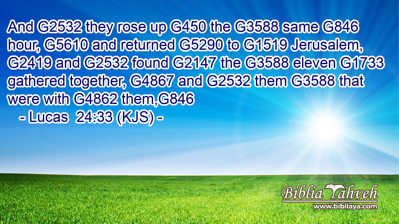 And G2532 they rose up G450 the G3588 same G846 hour, G5610 and returned G5290 to G1519 Jerusalem, G2419 and G2532 found G2147 the G3588 eleven G1733 gathered together, G4867 and G2532 them G3588 that were with G4862 them,G846