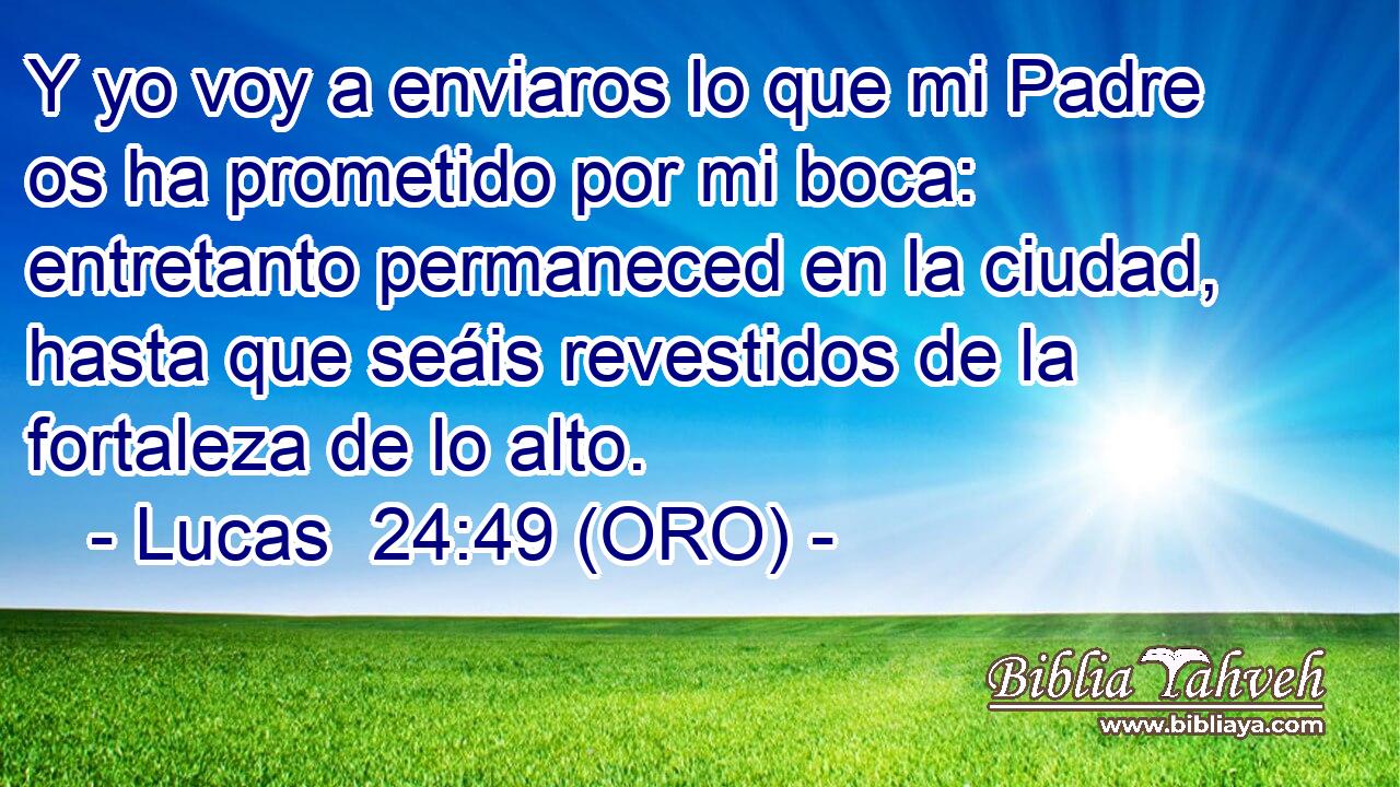  Y yo voy a enviaros lo que mi Padre os ha prometido por mi boca: entretanto permaneced en la ciudad, hasta que seáis revestidos de la fortaleza de lo alto. 