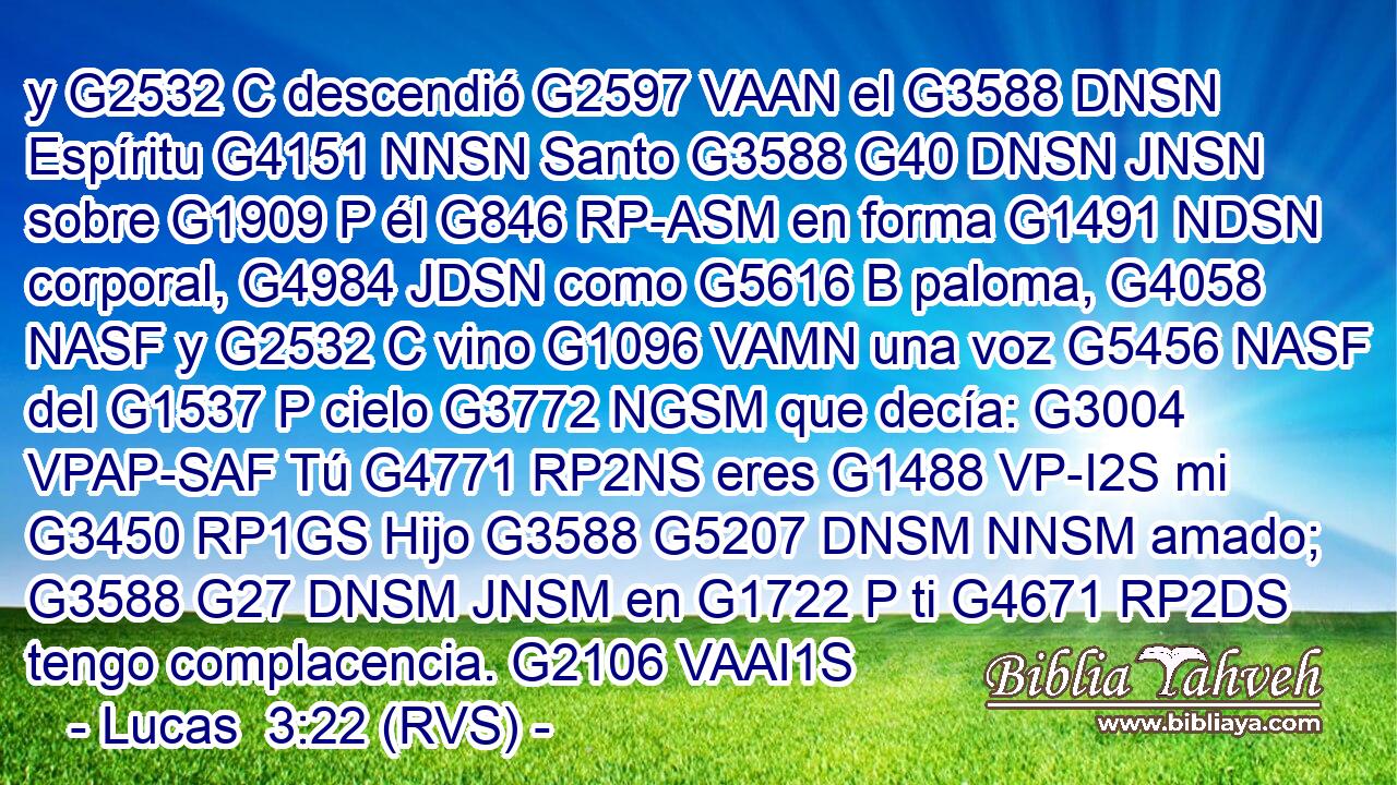 y G2532 C descendió G2597 VAAN el G3588 DNSN Espíritu G4151 NNSN Santo G3588 G40 DNSN JNSN sobre G1909 P él G846 RP-ASM en forma G1491 NDSN corporal, G4984 JDSN como G5616 B paloma, G4058 NASF y G2532 C vino G1096 VAMN una voz G5456 NASF del G1537 P cielo G3772 NGSM que decía: G3004 VPAP-SAF Tú G4771 RP2NS eres G1488 VP-I2S mi G3450 RP1GS Hijo G3588 G5207 DNSM NNSM amado; G3588 G27 DNSM JNSM en G1722 P ti G4671 RP2DS tengo complacencia. G2106 VAAI1S 