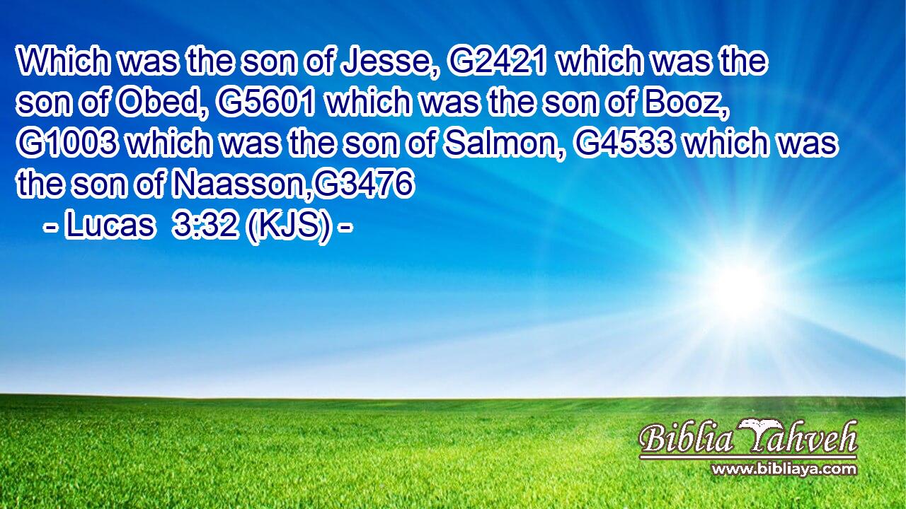 Which was the son of Jesse, G2421 which was the son of Obed, G5601 which was the son of Booz, G1003 which was the son of Salmon, G4533 which was the son of Naasson,G3476