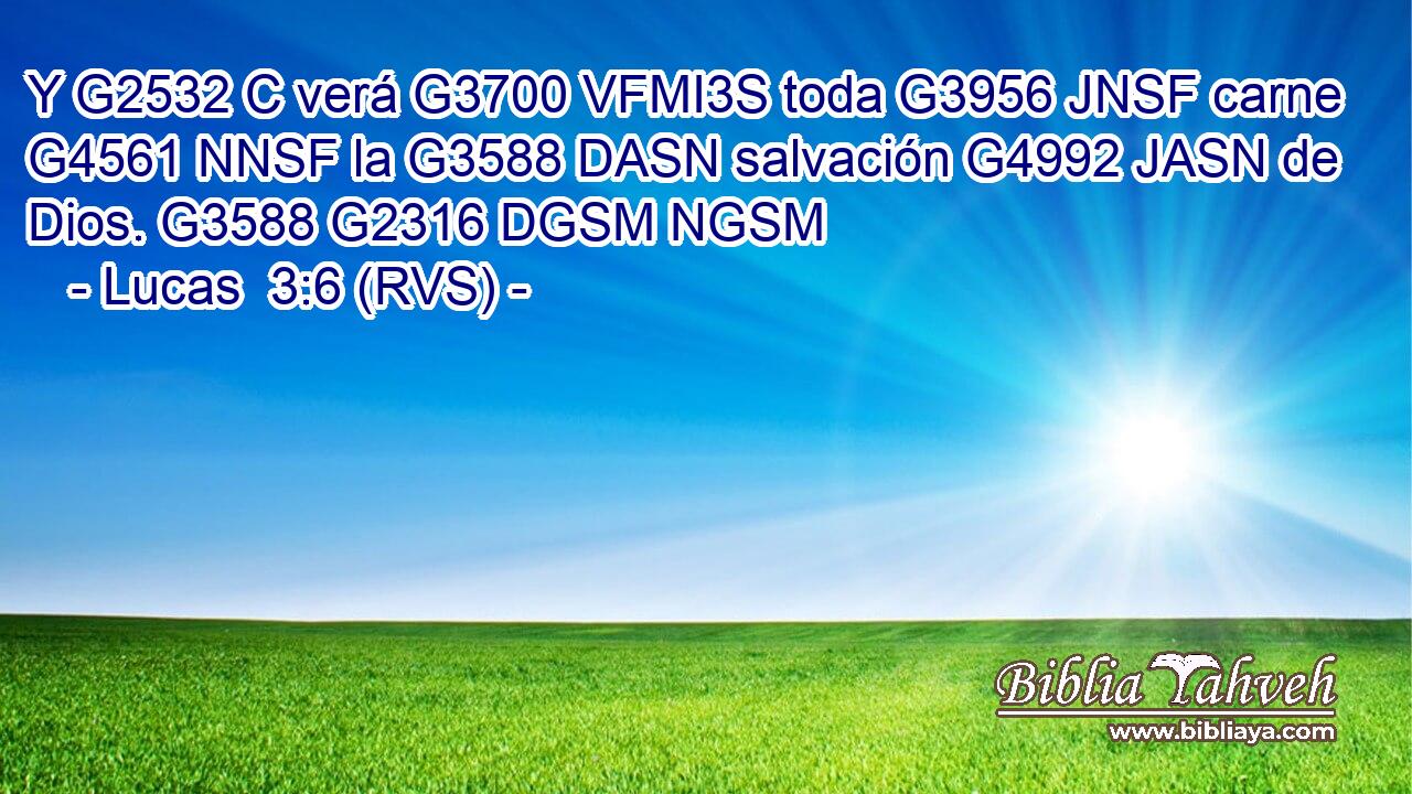 Y G2532 C verá G3700 VFMI3S toda G3956 JNSF carne G4561 NNSF la G3588 DASN salvación G4992 JASN de Dios. G3588 G2316 DGSM NGSM 