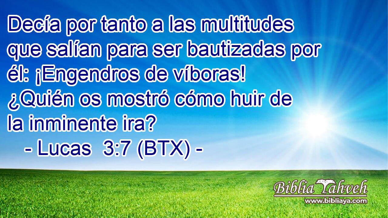 Decía por tanto a las multitudes que salían para ser bautizadas por él: ¡Engendros de víboras! ¿Quién os mostró cómo huir de la inminente ira?
