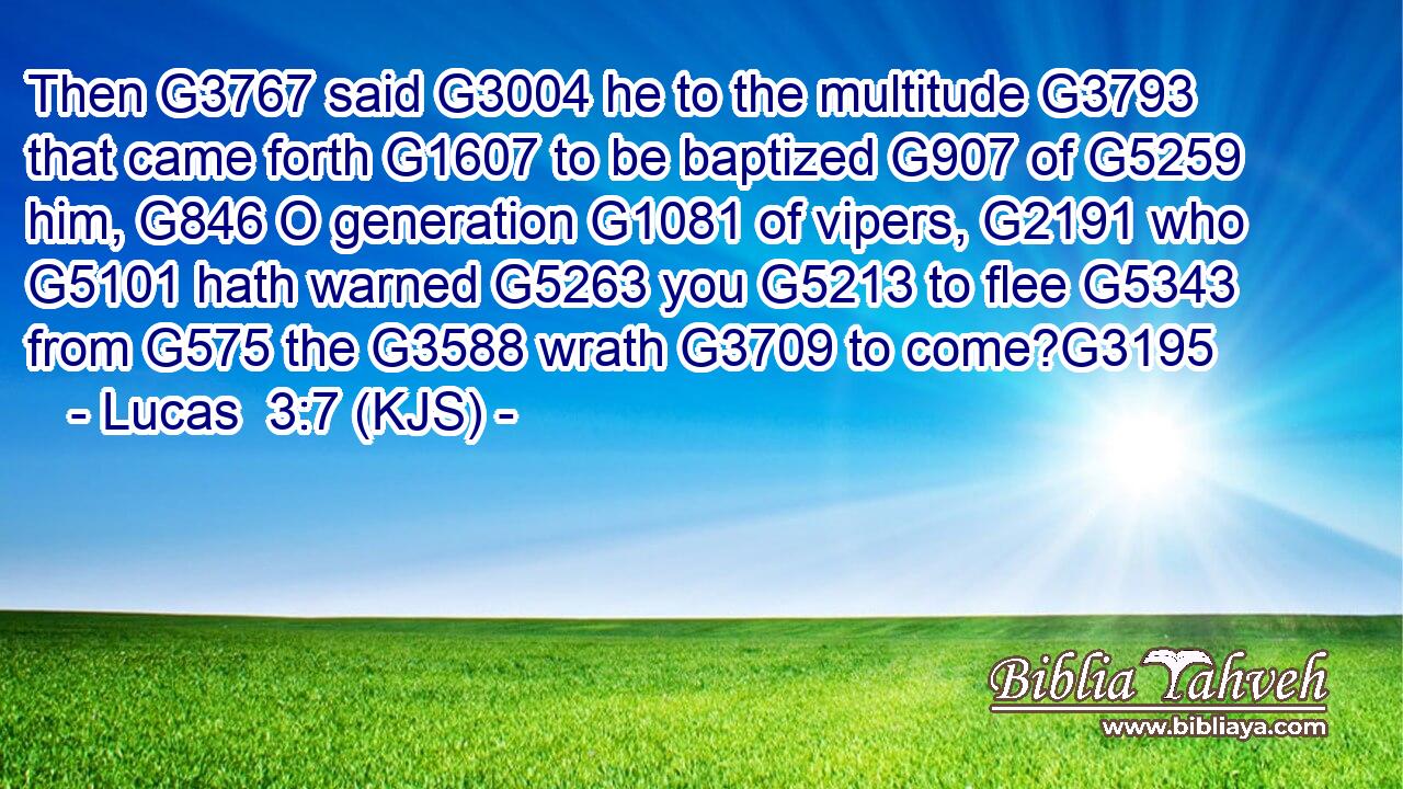 Then G3767 said G3004 he to the multitude G3793 that came forth G1607 to be baptized G907 of G5259 him, G846 O generation G1081 of vipers, G2191 who G5101 hath warned G5263 you G5213 to flee G5343 from G575 the G3588 wrath G3709 to come?G3195