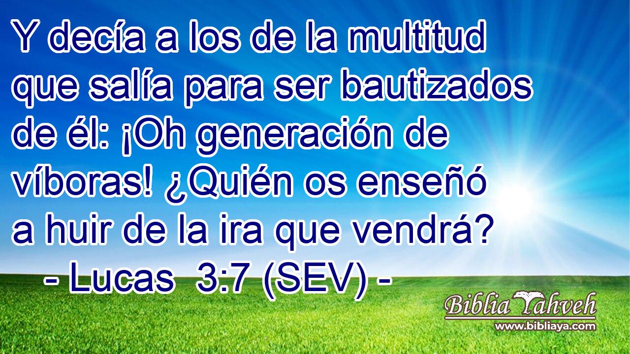 Y decía a los de la multitud que salía para ser bautizados de él: ¡Oh generación de víboras! ¿Quién os enseñó a huir de la ira que vendrá?
