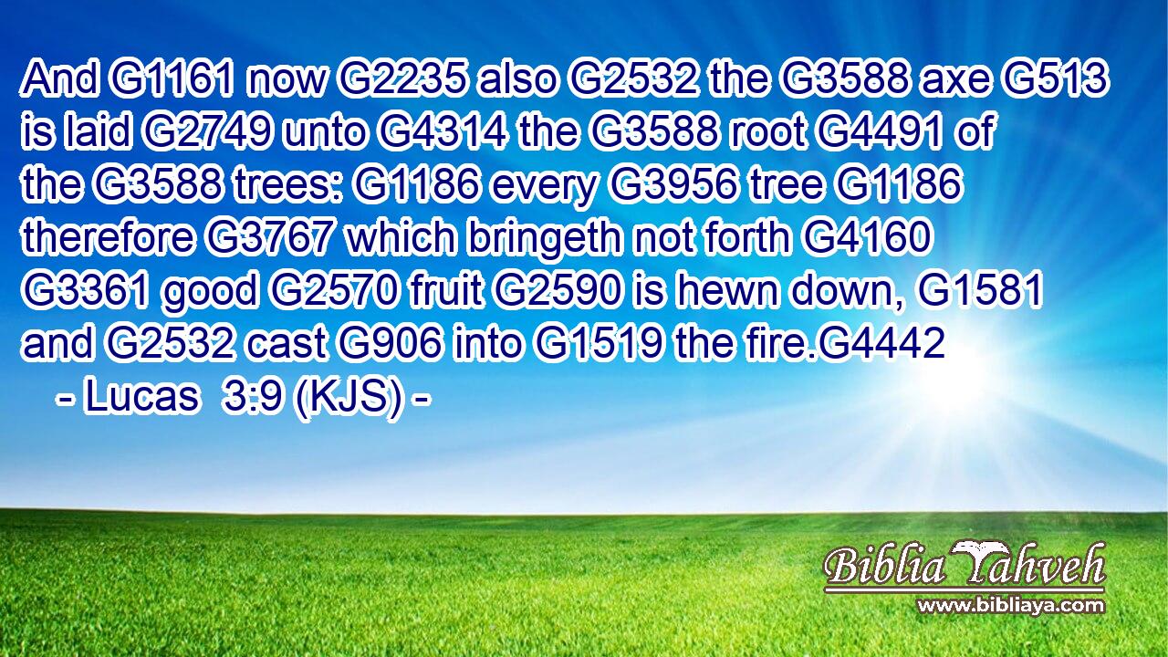 And G1161 now G2235 also G2532 the G3588 axe G513 is laid G2749 unto G4314 the G3588 root G4491 of the G3588 trees: G1186 every G3956 tree G1186 therefore G3767 which bringeth not forth G4160  G3361 good G2570 fruit G2590 is hewn down, G1581 and G2532 cast G906 into G1519 the fire.G4442