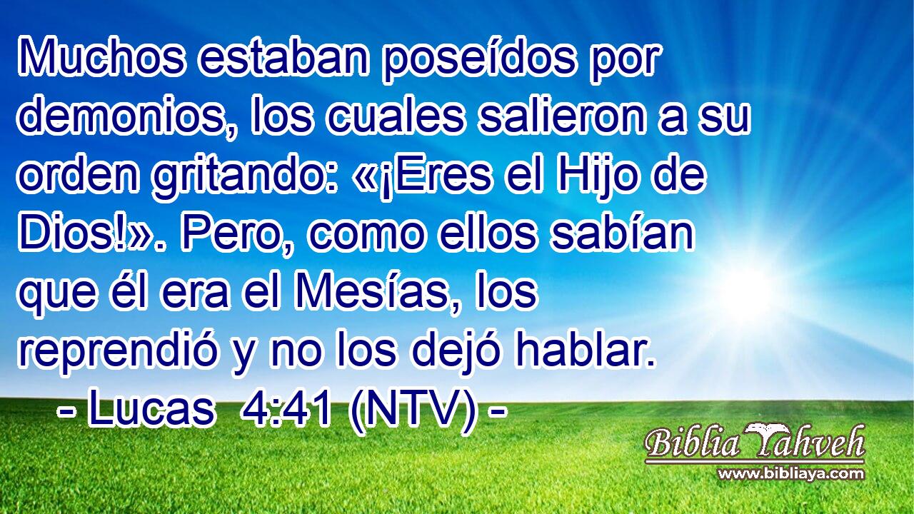 Muchos estaban poseídos por demonios, los cuales salieron a su orden gritando: «¡Eres el Hijo de Dios!». Pero, como ellos sabían que él era el Mesías, los reprendió y no los dejó hablar.