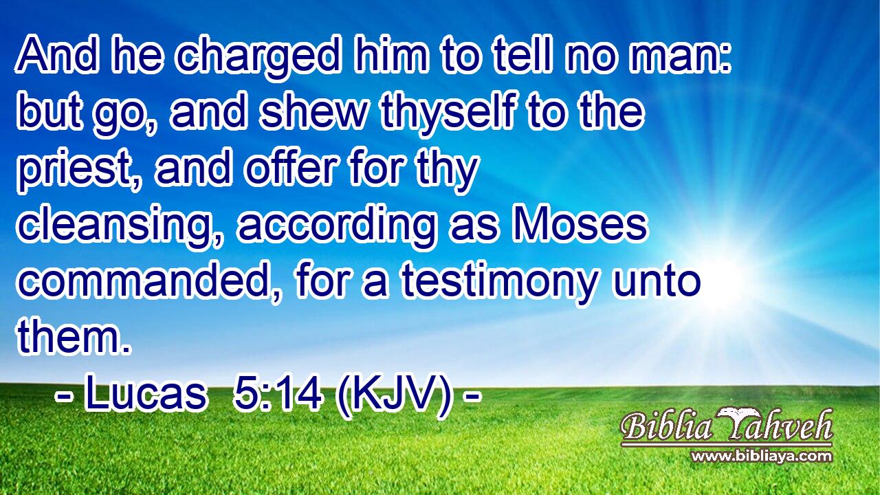 And he charged him to tell no man: but go, and shew thyself to the priest, and offer for thy cleansing, according as Moses commanded, for a testimony unto them.