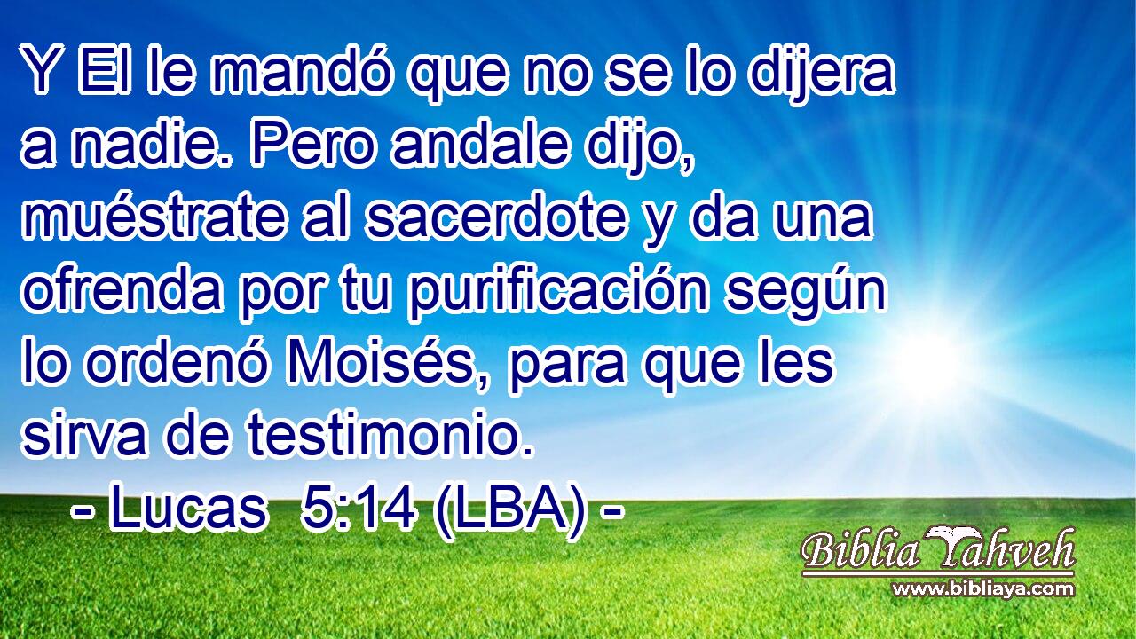 Y El le mandó que no se lo dijera a nadie. Pero andale dijo, muéstrate al sacerdote y da una ofrenda por tu purificación según lo ordenó Moisés, para que les sirva de testimonio.