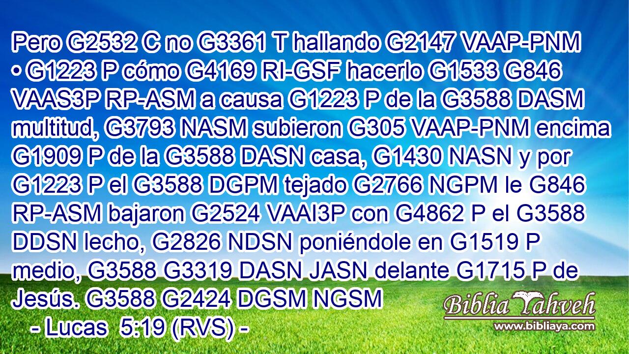 Pero G2532 C no G3361 T hallando G2147 VAAP-PNM • G1223 P cómo G4169 RI-GSF hacerlo G1533 G846 VAAS3P RP-ASM a causa G1223 P de la G3588 DASM multitud, G3793 NASM subieron G305 VAAP-PNM encima G1909 P de la G3588 DASN casa, G1430 NASN y por G1223 P el G3588 DGPM tejado G2766 NGPM le G846 RP-ASM bajaron G2524 VAAI3P con G4862 P el G3588 DDSN lecho, G2826 NDSN poniéndole en G1519 P medio, G3588 G3319 DASN JASN delante G1715 P de Jesús. G3588 G2424 DGSM NGSM 