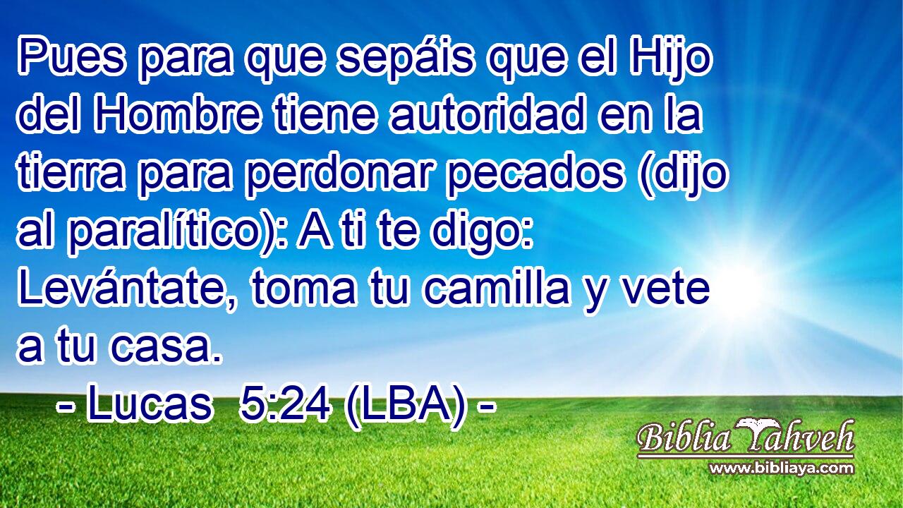 Pues para que sepáis que el Hijo del Hombre tiene autoridad en la tierra para perdonar pecados (dijo al paralítico): A ti te digo: Levántate, toma tu camilla y vete a tu casa.