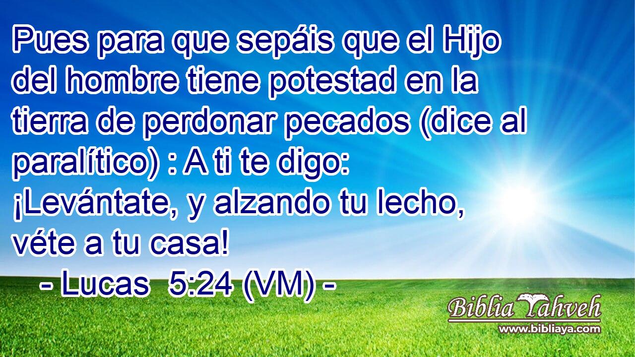  Pues para que sepáis que el Hijo del hombre tiene potestad en la tierra de perdonar pecados (dice al paralítico) : A ti te digo: ¡Levántate, y alzando tu lecho, véte a tu casa! 