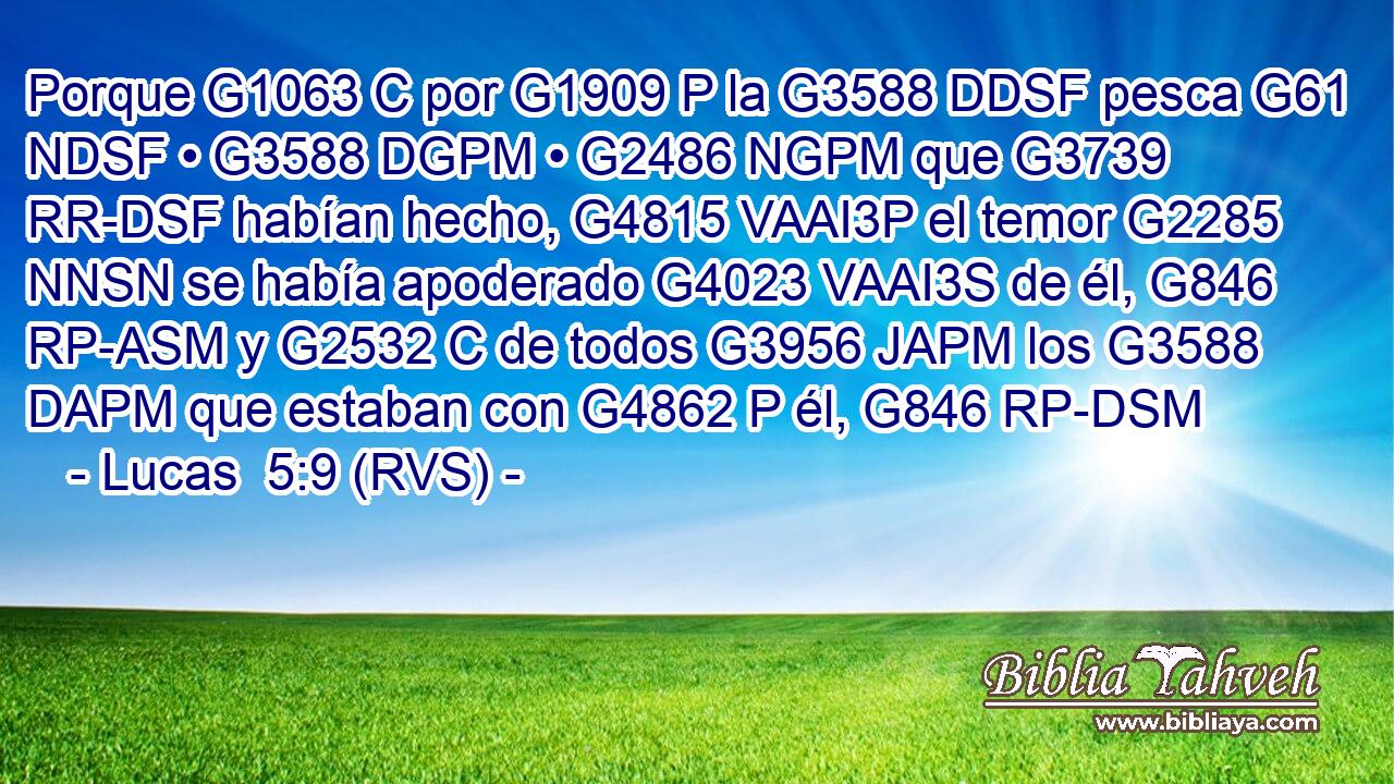 Porque G1063 C por G1909 P la G3588 DDSF pesca G61 NDSF • G3588 DGPM • G2486 NGPM que G3739 RR-DSF habían hecho, G4815 VAAI3P el temor G2285 NNSN se había apoderado G4023 VAAI3S de él, G846 RP-ASM y G2532 C de todos G3956 JAPM los G3588 DAPM que estaban con G4862 P él, G846 RP-DSM 