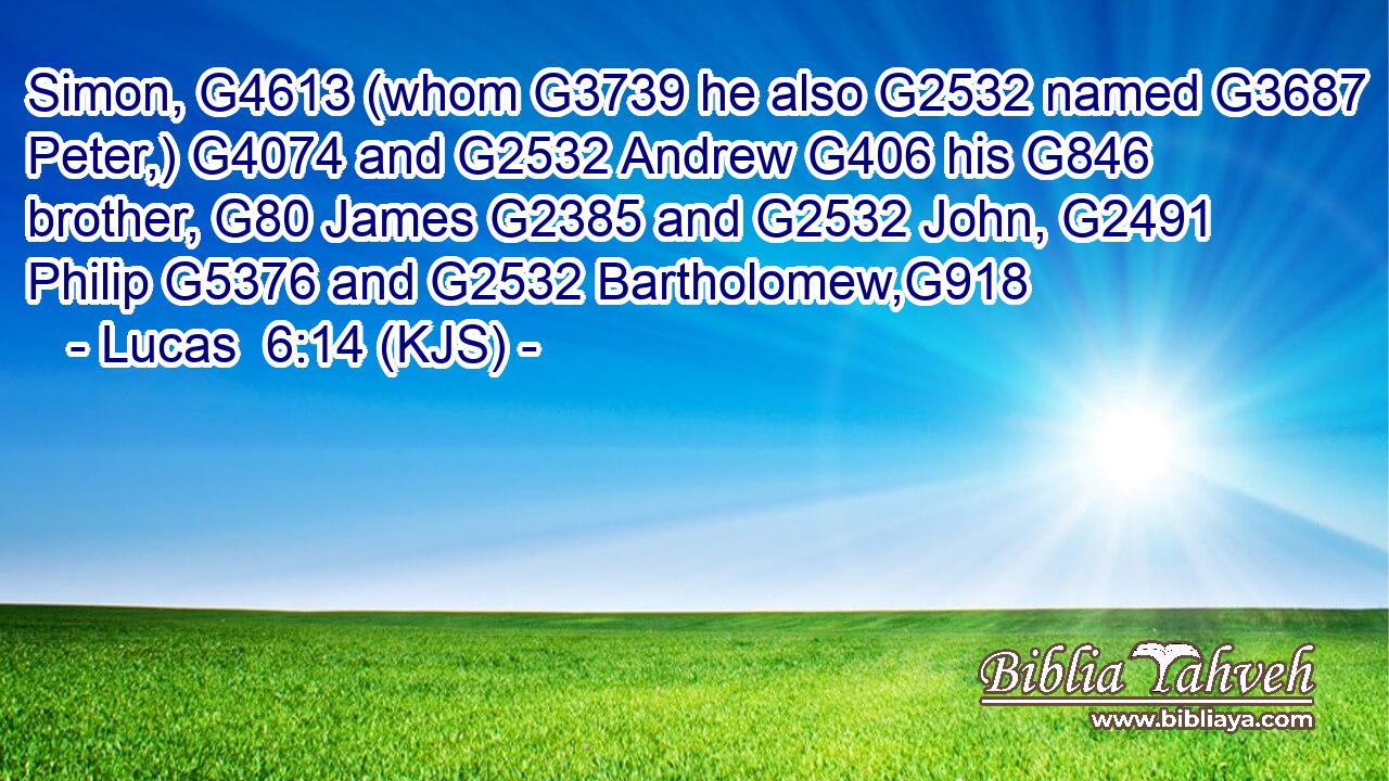 Simon, G4613 (whom G3739 he also G2532 named G3687 Peter,) G4074 and G2532 Andrew G406 his G846 brother, G80 James G2385 and G2532 John, G2491 Philip G5376 and G2532 Bartholomew,G918
