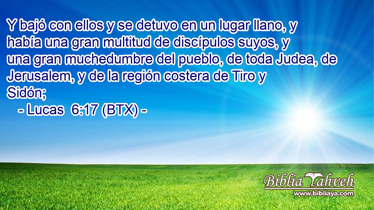 Y bajó con ellos y se detuvo en un lugar llano, y había una gran multitud de discípulos suyos, y una gran muchedumbre del pueblo, de toda Judea, de Jerusalem, y de la región costera de Tiro y Sidón;