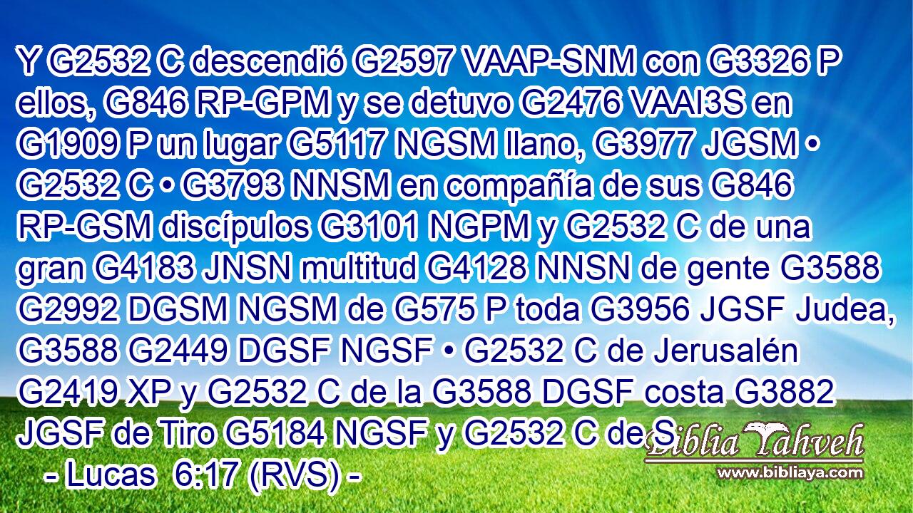 Y G2532 C descendió G2597 VAAP-SNM con G3326 P ellos, G846 RP-GPM y se detuvo G2476 VAAI3S en G1909 P un lugar G5117 NGSM llano, G3977 JGSM • G2532 C • G3793 NNSM en compañía de sus G846 RP-GSM discípulos G3101 NGPM y G2532 C de una gran G4183 JNSN multitud G4128 NNSN de gente G3588 G2992 DGSM NGSM de G575 P toda G3956 JGSF Judea, G3588 G2449 DGSF NGSF • G2532 C de Jerusalén G2419 XP y G2532 C de la G3588 DGSF costa G3882 JGSF de Tiro G5184 NGSF y G2532 C de S