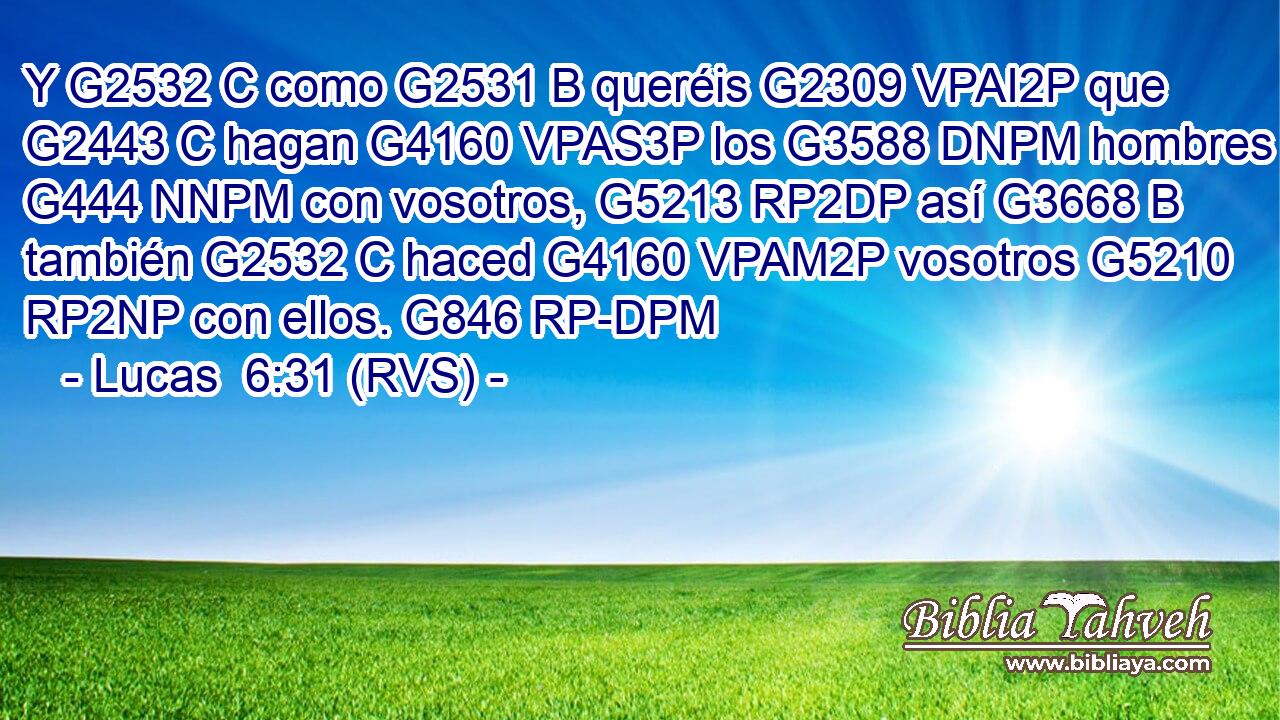 Y G2532 C como G2531 B queréis G2309 VPAI2P que G2443 C hagan G4160 VPAS3P los G3588 DNPM hombres G444 NNPM con vosotros, G5213 RP2DP así G3668 B también G2532 C haced G4160 VPAM2P vosotros G5210 RP2NP con ellos. G846 RP-DPM 
