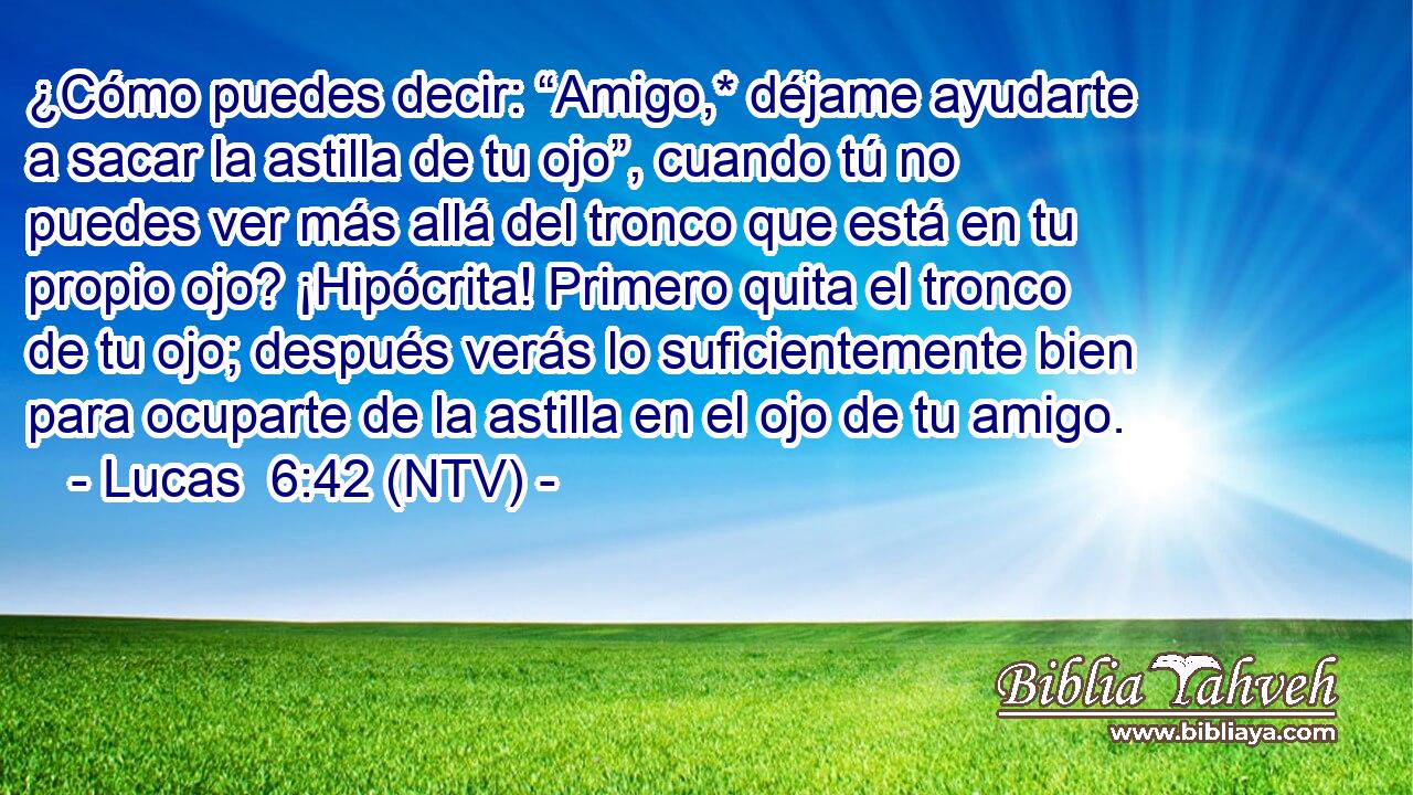 ¿Cómo puedes decir: “Amigo,* déjame ayudarte a sacar la astilla de tu ojo”, cuando tú no puedes ver más allá del tronco que está en tu propio ojo? ¡Hipócrita! Primero quita el tronco de tu ojo; después verás lo suficientemente bien para ocuparte de la astilla en el ojo de tu amigo.