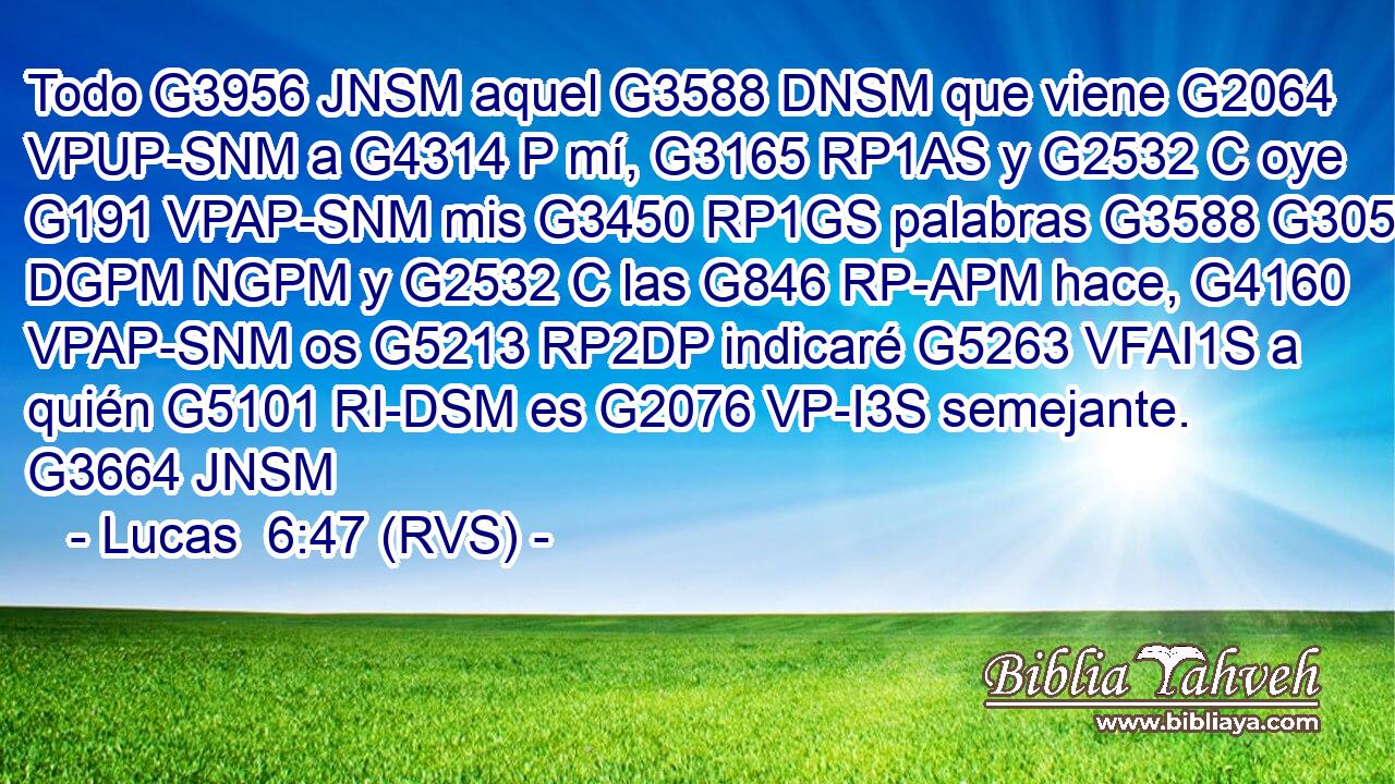 Todo G3956 JNSM aquel G3588 DNSM que viene G2064 VPUP-SNM a G4314 P mí, G3165 RP1AS y G2532 C oye G191 VPAP-SNM mis G3450 RP1GS palabras G3588 G3056 DGPM NGPM y G2532 C las G846 RP-APM hace, G4160 VPAP-SNM os G5213 RP2DP indicaré G5263 VFAI1S a quién G5101 RI-DSM es G2076 VP-I3S semejante. G3664 JNSM 
