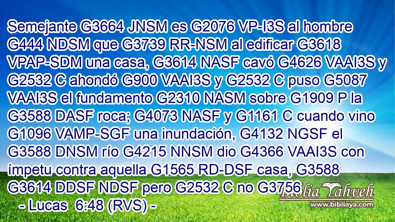 Semejante G3664 JNSM es G2076 VP-I3S al hombre G444 NDSM que G3739 RR-NSM al edificar G3618 VPAP-SDM una casa, G3614 NASF cavó G4626 VAAI3S y G2532 C ahondó G900 VAAI3S y G2532 C puso G5087 VAAI3S el fundamento G2310 NASM sobre G1909 P la G3588 DASF roca; G4073 NASF y G1161 C cuando vino G1096 VAMP-SGF una inundación, G4132 NGSF el G3588 DNSM río G4215 NNSM dio G4366 VAAI3S con ímpetu contra aquella G1565 RD-DSF casa, G3588 G3614 DDSF NDSF pero G2532 C no G3756 