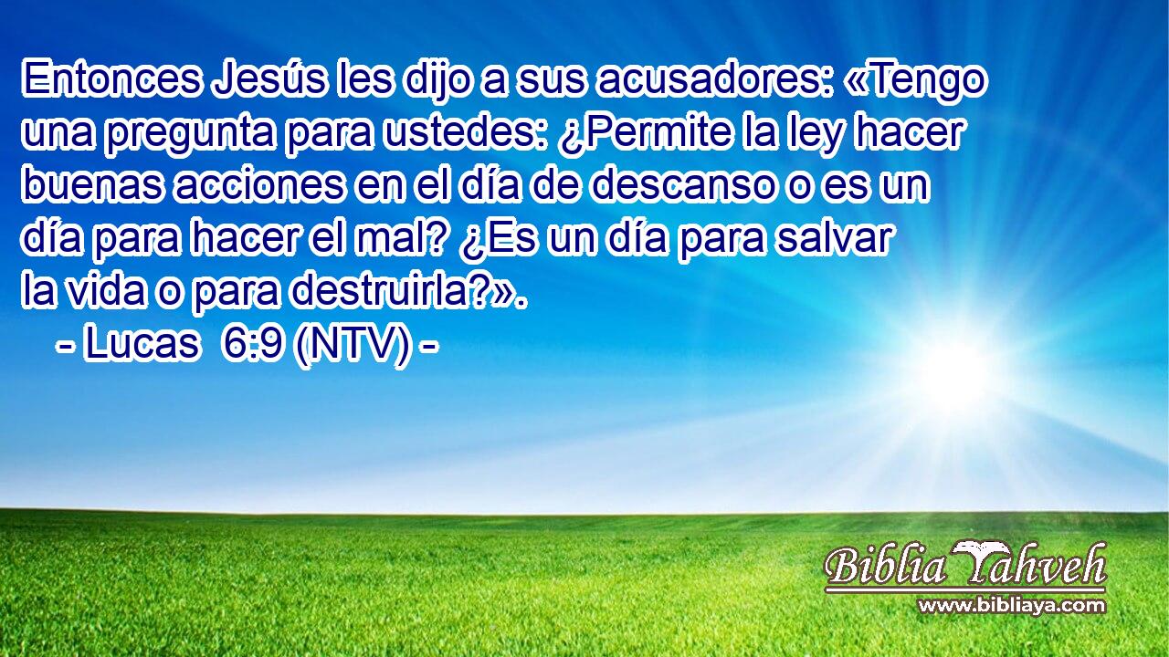 Entonces Jesús les dijo a sus acusadores: «Tengo una pregunta para ustedes: ¿Permite la ley hacer buenas acciones en el día de descanso o es un día para hacer el mal? ¿Es un día para salvar la vida o para destruirla?».