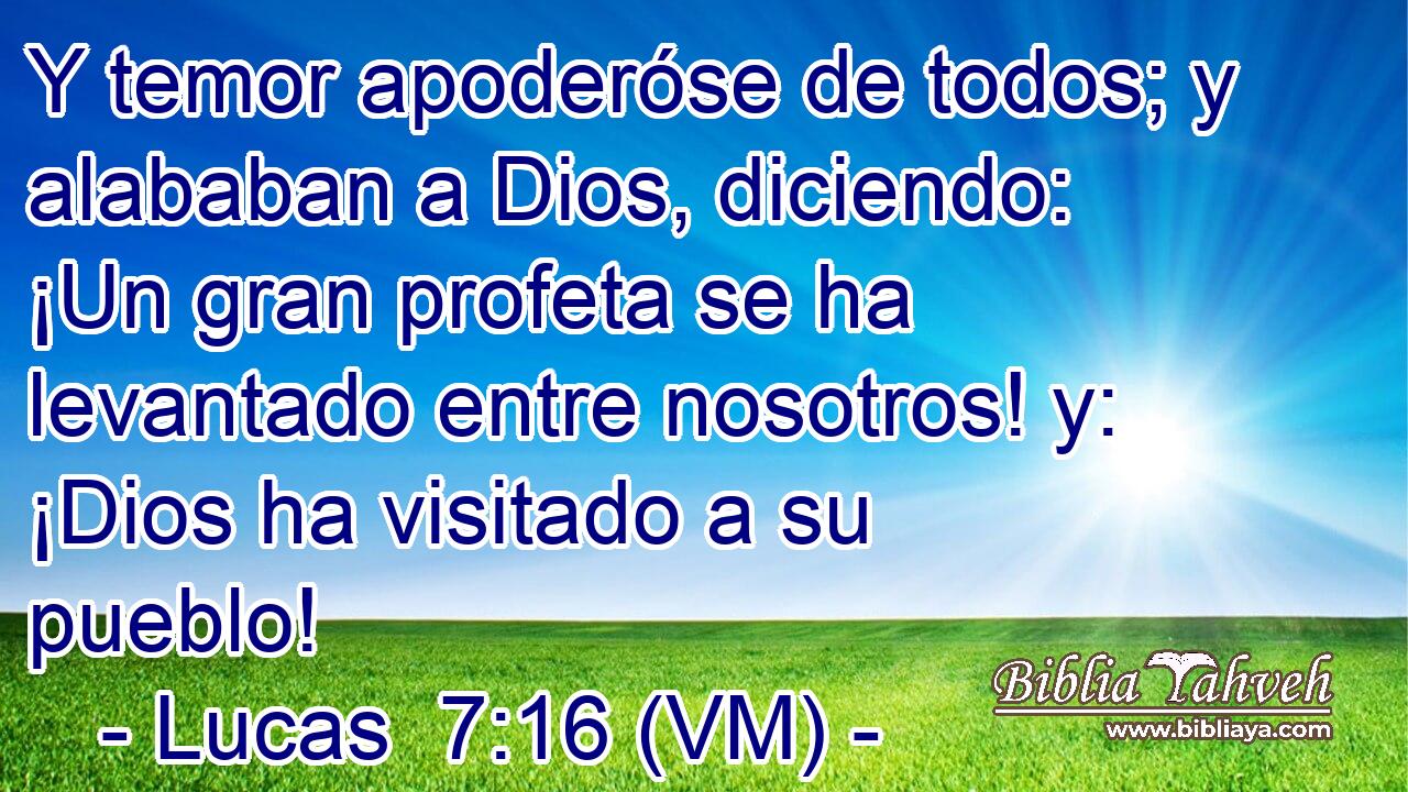  Y temor apoderóse de todos; y alababan a Dios, diciendo: ¡Un gran profeta se ha levantado entre nosotros! y: ¡Dios ha visitado a su pueblo! 