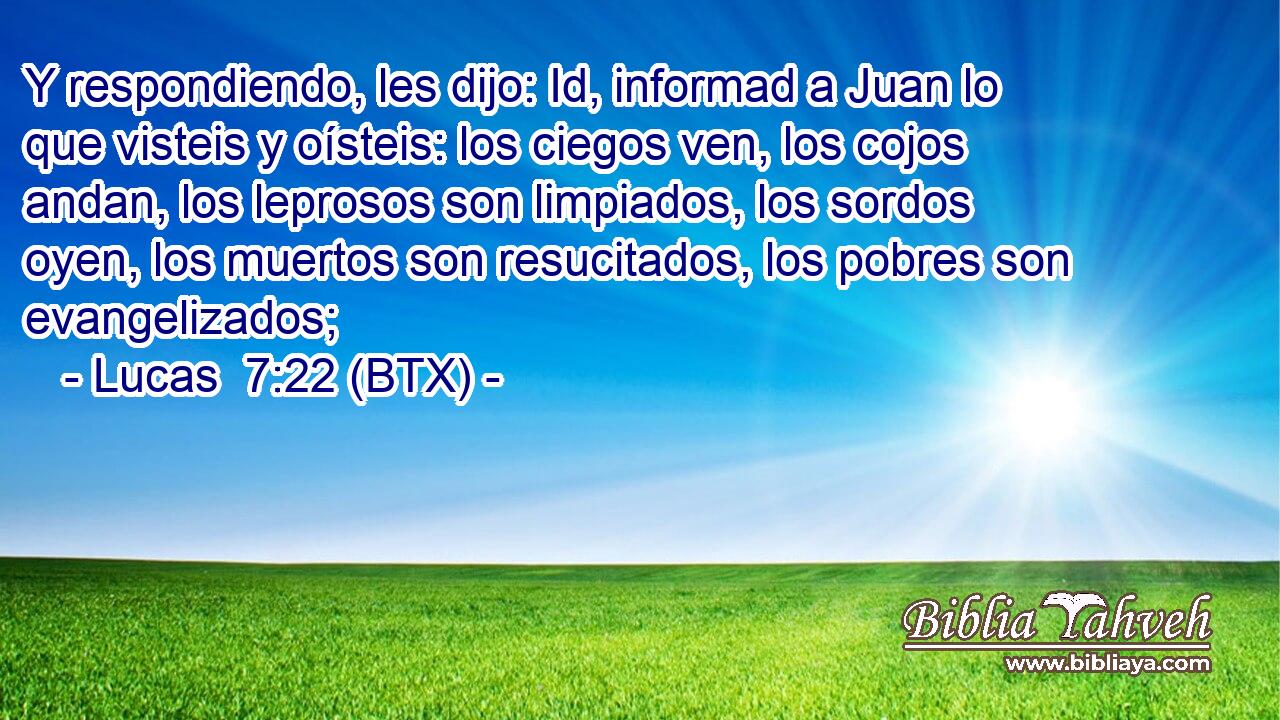 Y respondiendo, les dijo: Id, informad a Juan lo que visteis y oísteis: los ciegos ven, los cojos andan, los leprosos son limpiados, los sordos oyen, los muertos son resucitados, los pobres son evangelizados;