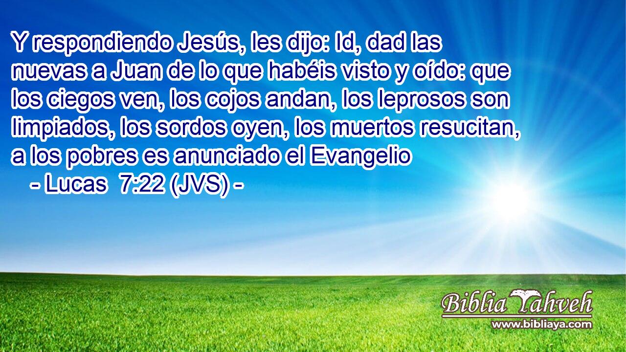 Y respondiendo Jesús, les dijo: Id, dad las nuevas a Juan de lo que habéis visto y oído: que los ciegos ven, los cojos andan, los leprosos son limpiados, los sordos oyen, los muertos resucitan, a los pobres es anunciado el Evangelio