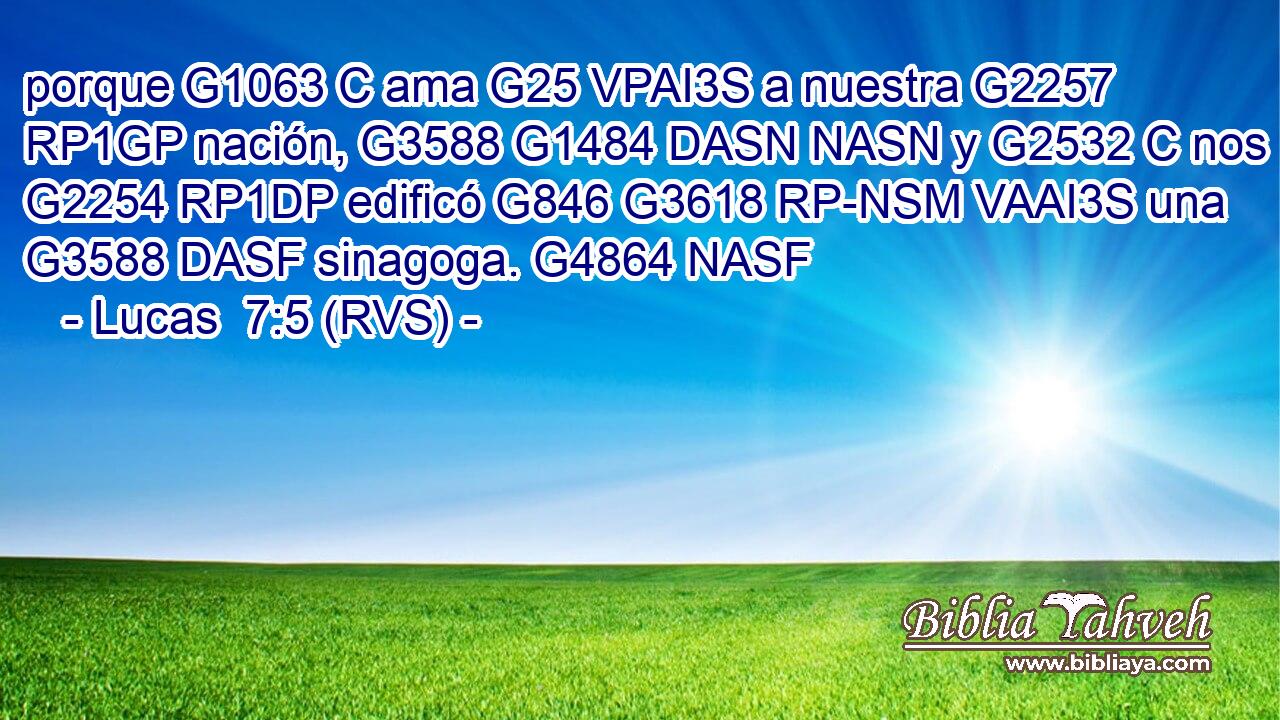 porque G1063 C ama G25 VPAI3S a nuestra G2257 RP1GP nación, G3588 G1484 DASN NASN y G2532 C nos G2254 RP1DP edificó G846 G3618 RP-NSM VAAI3S una G3588 DASF sinagoga. G4864 NASF 