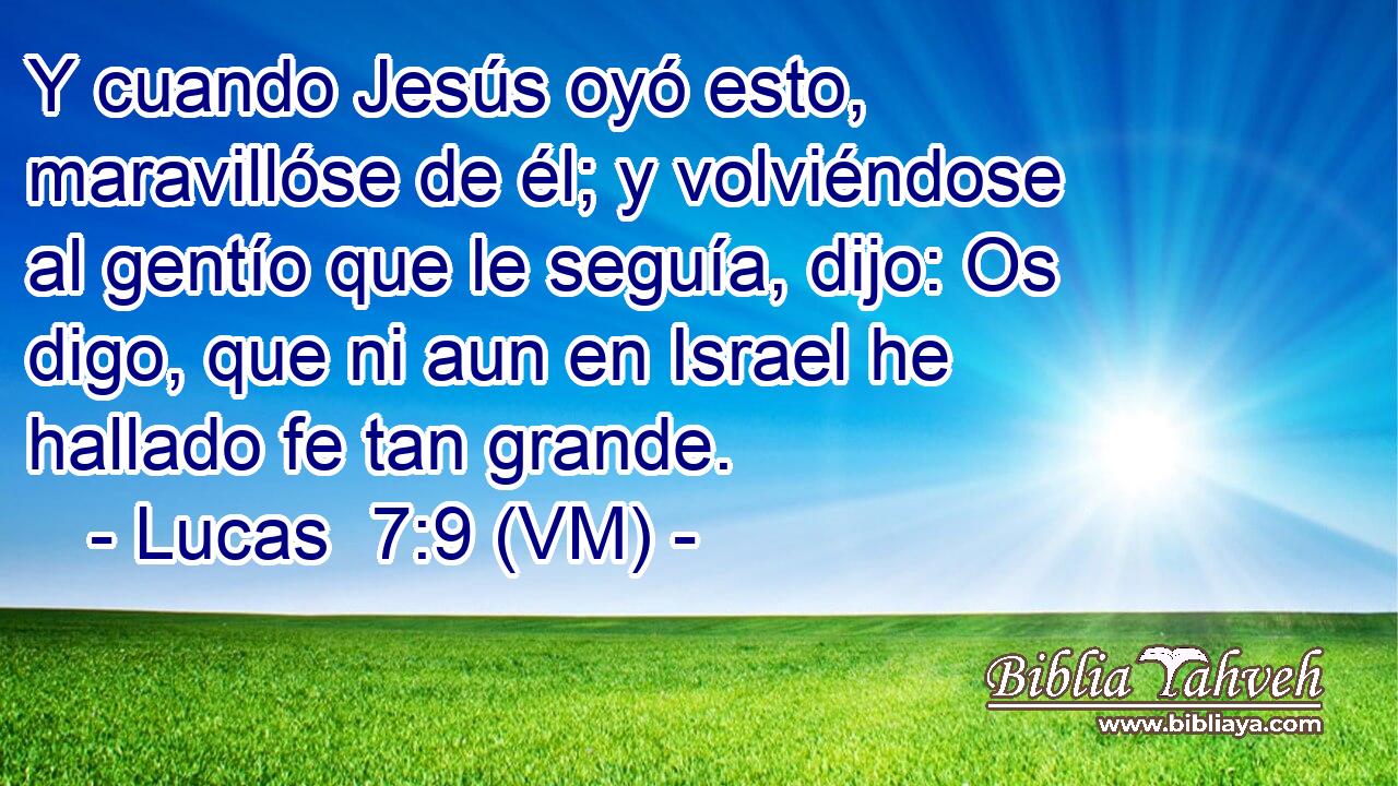  Y cuando Jesús oyó esto, maravillóse de él; y volviéndose al gentío que le seguía, dijo: Os digo, que ni aun en Israel he hallado fe tan grande. 