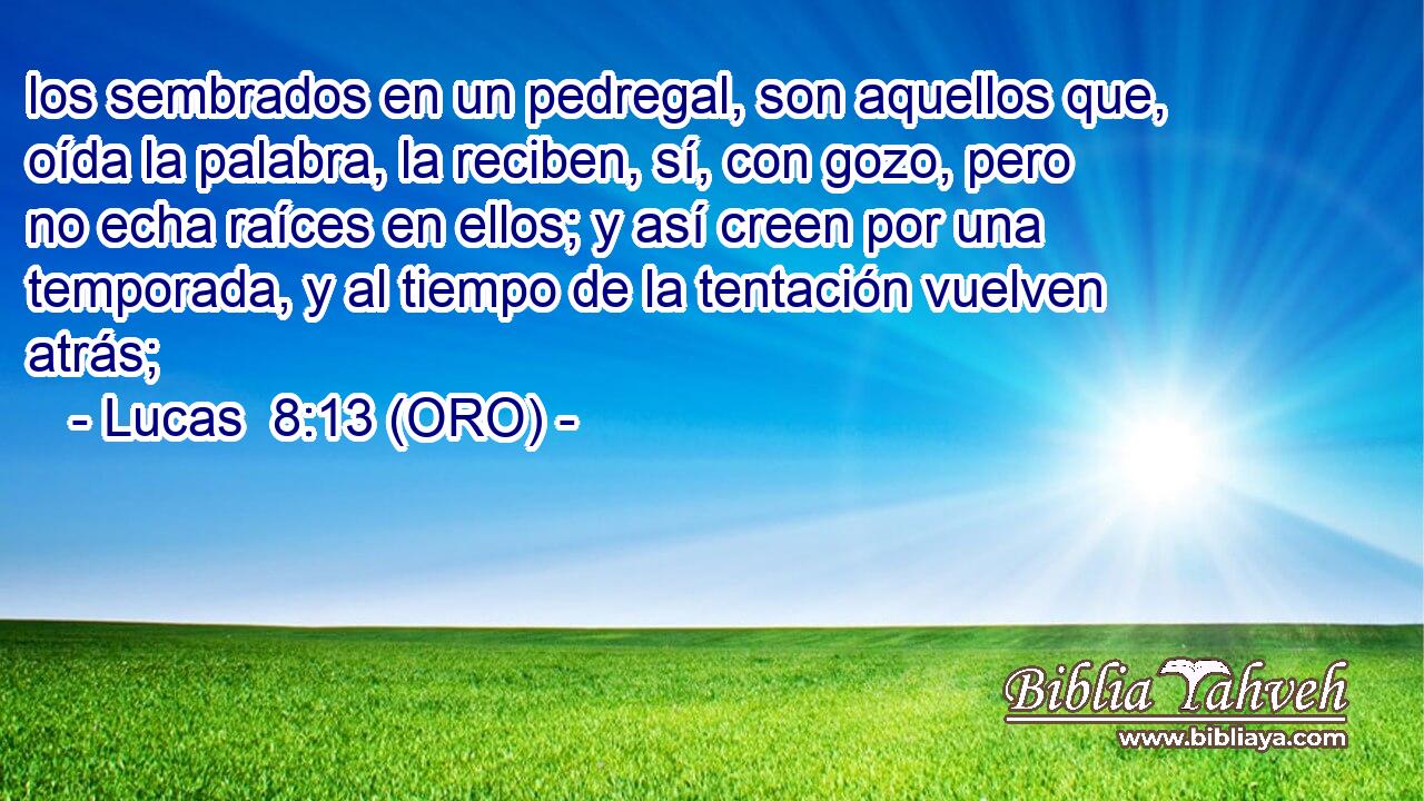  los sembrados en un pedregal, son aquellos que, oída la palabra, la reciben, sí, con gozo, pero no echa raíces en ellos; y así creen por una temporada, y al tiempo de la tentación vuelven atrás; 
