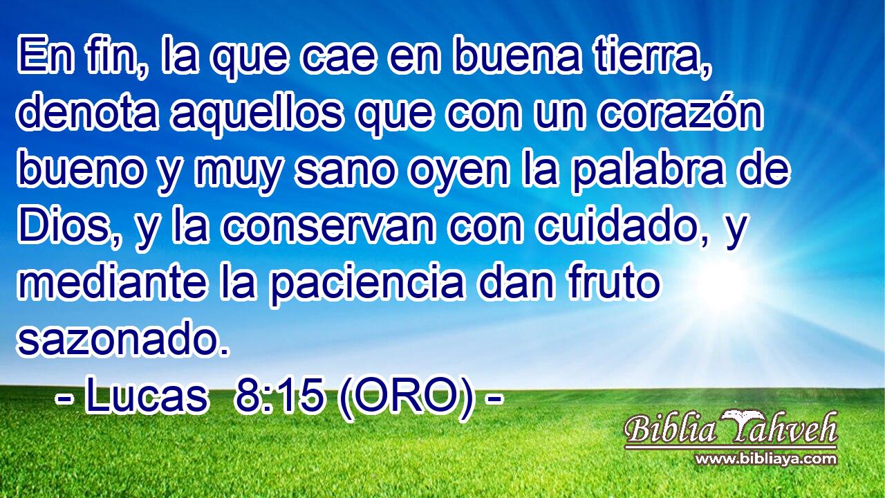  En fin, la que cae en buena tierra, denota aquellos que con un corazón bueno y muy sano oyen la palabra de Dios, y la conservan con cuidado, y mediante la paciencia dan fruto sazonado. 