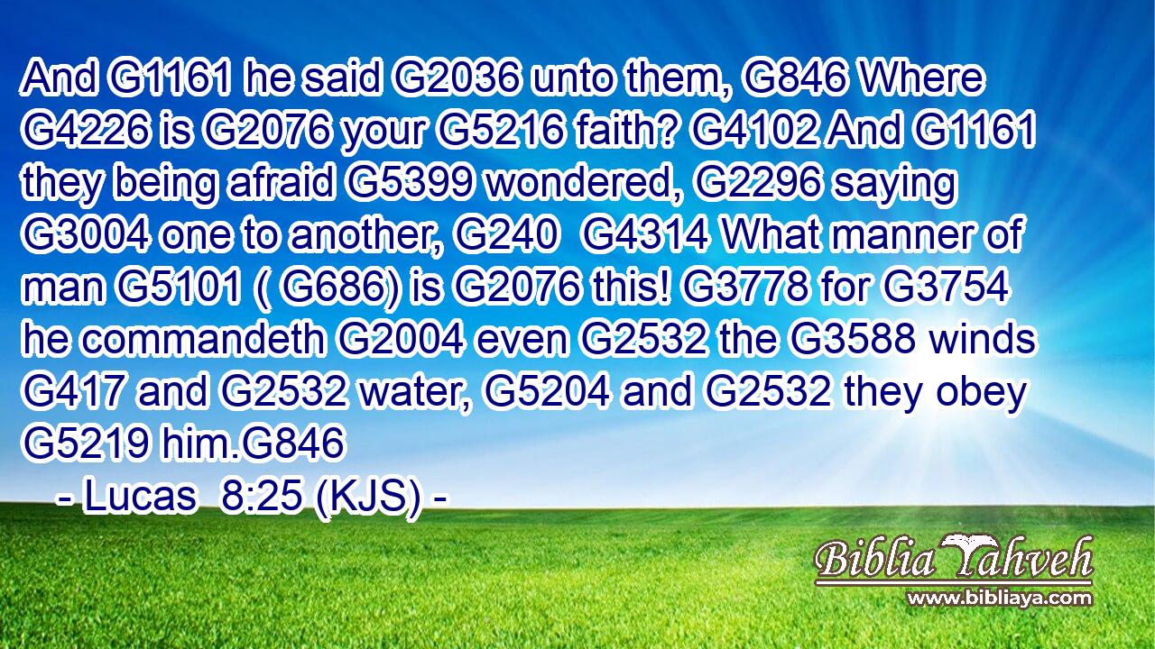And G1161 he said G2036 unto them, G846 Where G4226 is G2076 your G5216 faith? G4102 And G1161 they being afraid G5399 wondered, G2296 saying G3004 one to another, G240  G4314 What manner of man G5101 ( G686) is G2076 this! G3778 for G3754 he commandeth G2004 even G2532 the G3588 winds G417 and G2532 water, G5204 and G2532 they obey G5219 him.G846