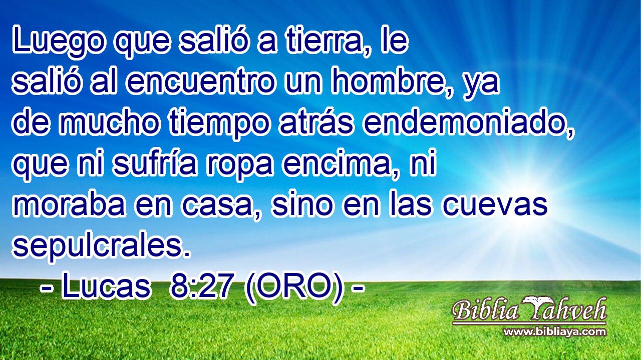  Luego que salió a tierra, le salió al encuentro un hombre, ya de mucho tiempo atrás endemoniado, que ni sufría ropa encima, ni moraba en casa, sino en las cuevas sepulcrales. 