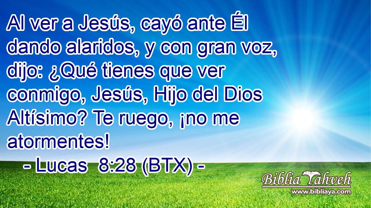 Al ver a Jesús, cayó ante Él dando alaridos, y con gran voz, dijo: ¿Qué tienes que ver conmigo, Jesús, Hijo del Dios Altísimo? Te ruego, ¡no me atormentes!