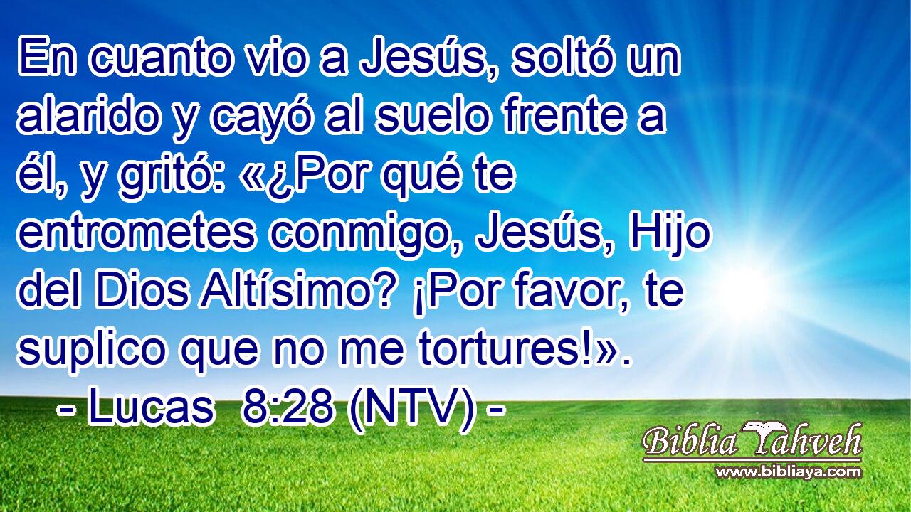 En cuanto vio a Jesús, soltó un alarido y cayó al suelo frente a él, y gritó: «¿Por qué te entrometes conmigo, Jesús, Hijo del Dios Altísimo? ¡Por favor, te suplico que no me tortures!».