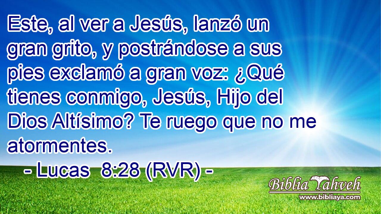 Este, al ver a Jesús, lanzó un gran grito, y postrándose a sus pies exclamó a gran voz: ¿Qué tienes conmigo, Jesús, Hijo del Dios Altísimo? Te ruego que no me atormentes.