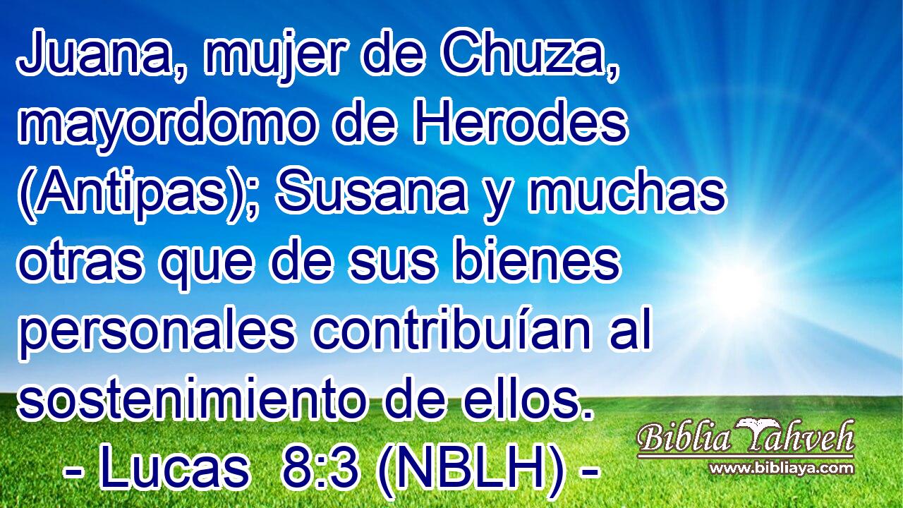  Juana, mujer de Chuza, mayordomo de Herodes (Antipas); Susana y muchas otras que de sus bienes personales contribuían al sostenimiento de ellos. 