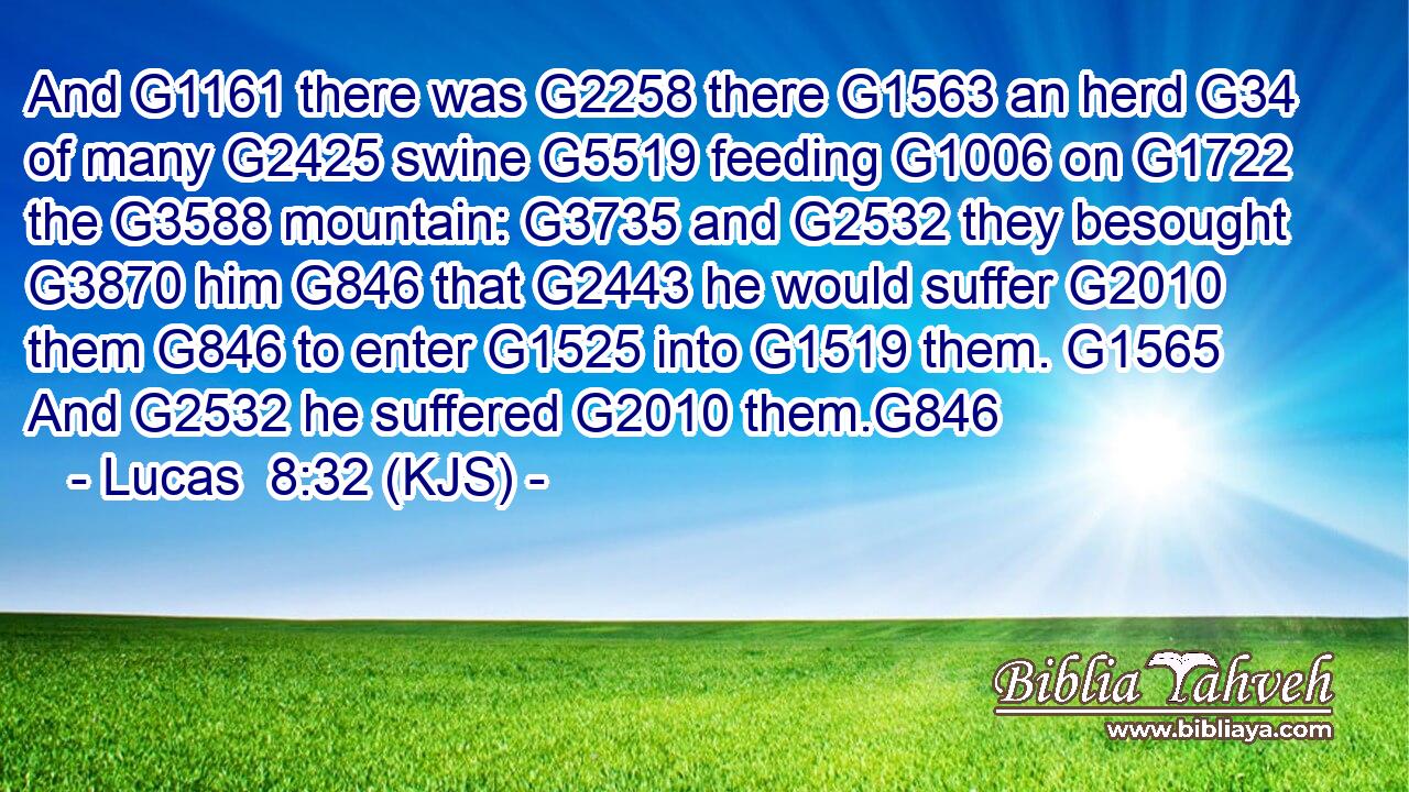 And G1161 there was G2258 there G1563 an herd G34 of many G2425 swine G5519 feeding G1006 on G1722 the G3588 mountain: G3735 and G2532 they besought G3870 him G846 that G2443 he would suffer G2010 them G846 to enter G1525 into G1519 them. G1565 And G2532 he suffered G2010 them.G846