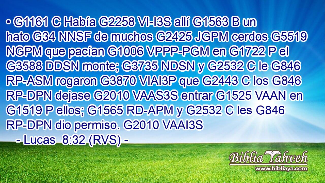 • G1161 C Había G2258 VI-I3S allí G1563 B un hato G34 NNSF de muchos G2425 JGPM cerdos G5519 NGPM que pacían G1006 VPPP-PGM en G1722 P el G3588 DDSN monte; G3735 NDSN y G2532 C le G846 RP-ASM rogaron G3870 VIAI3P que G2443 C los G846 RP-DPN dejase G2010 VAAS3S entrar G1525 VAAN en G1519 P ellos; G1565 RD-APM y G2532 C les G846 RP-DPN dio permiso. G2010 VAAI3S 