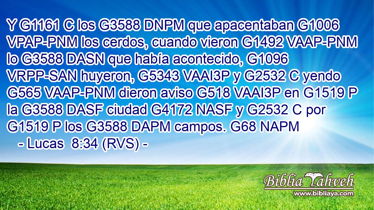 Y G1161 C los G3588 DNPM que apacentaban G1006 VPAP-PNM los cerdos, cuando vieron G1492 VAAP-PNM lo G3588 DASN que había acontecido, G1096 VRPP-SAN huyeron, G5343 VAAI3P y G2532 C yendo G565 VAAP-PNM dieron aviso G518 VAAI3P en G1519 P la G3588 DASF ciudad G4172 NASF y G2532 C por G1519 P los G3588 DAPM campos. G68 NAPM 