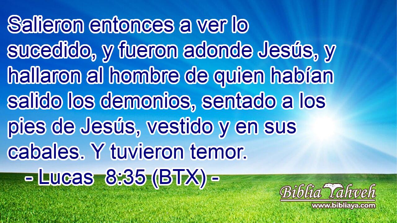 Salieron entonces a ver lo sucedido, y fueron adonde Jesús, y hallaron al hombre de quien habían salido los demonios, sentado a los pies de Jesús, vestido y en sus cabales. Y tuvieron temor.